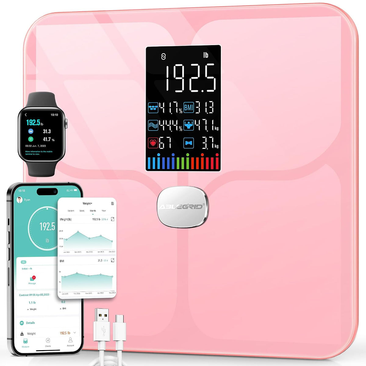 Cyfrowe ABLEGRID, 4 kg, Czarny, oświetlenie LED – Bluetooth, ładowalne, Inteligentna cyfrowa waga osobista dla masy ciała, tryb dziecięcy
