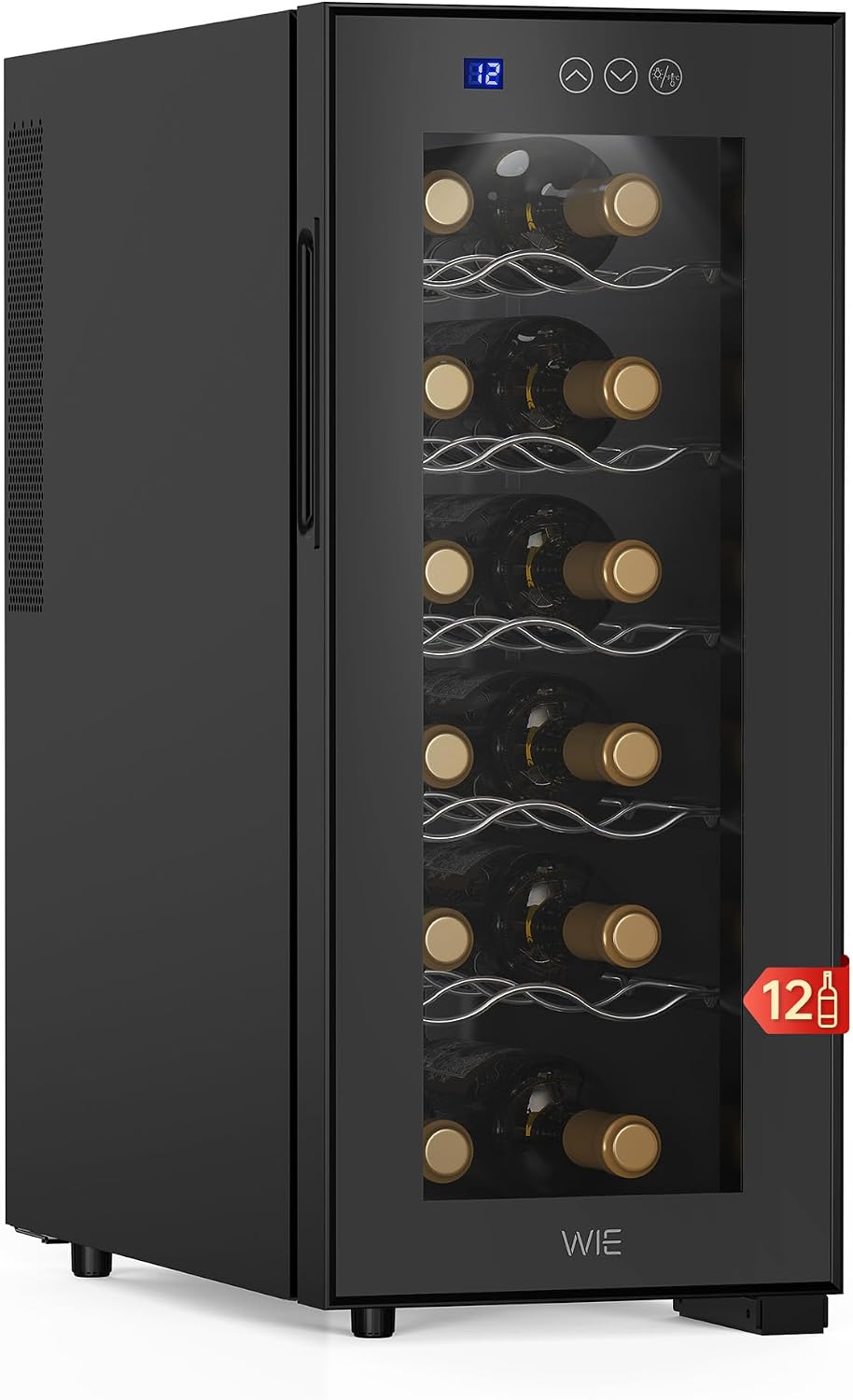 Chłodziarka do wina WIE – 33 l, 26 dB, 25.5 x 51 x 61 cm, Czarny – oś tlenie LED, Winiarnia elektryczna, 12 butelek, 8 do 18°C – szkło
