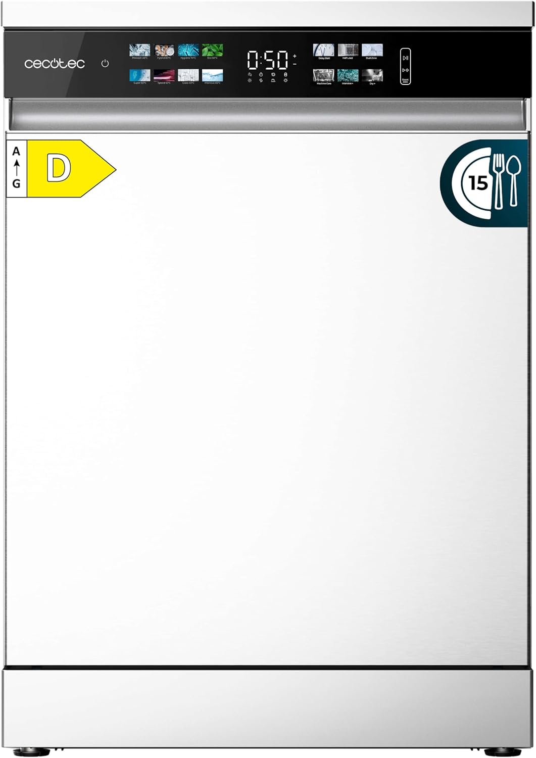 Cecotec Zmywarka, 60 cm, Biały, do zabudowy Bolero Aguazero 6210 D. 60 cm – 15 koców, klasa D, Display Color, trzecia taca – 14 programów