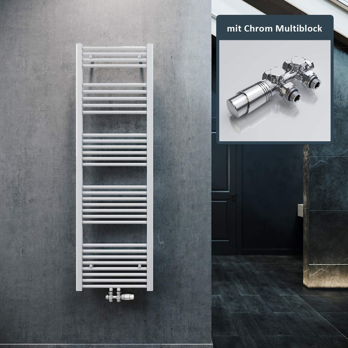 Grzejniki ELEGANT, 1600 x 500 mm, 802 W – Biały, grzejnik łazienkowy, przyłącze środkowe, grzejnik – suszarka na ręczniki