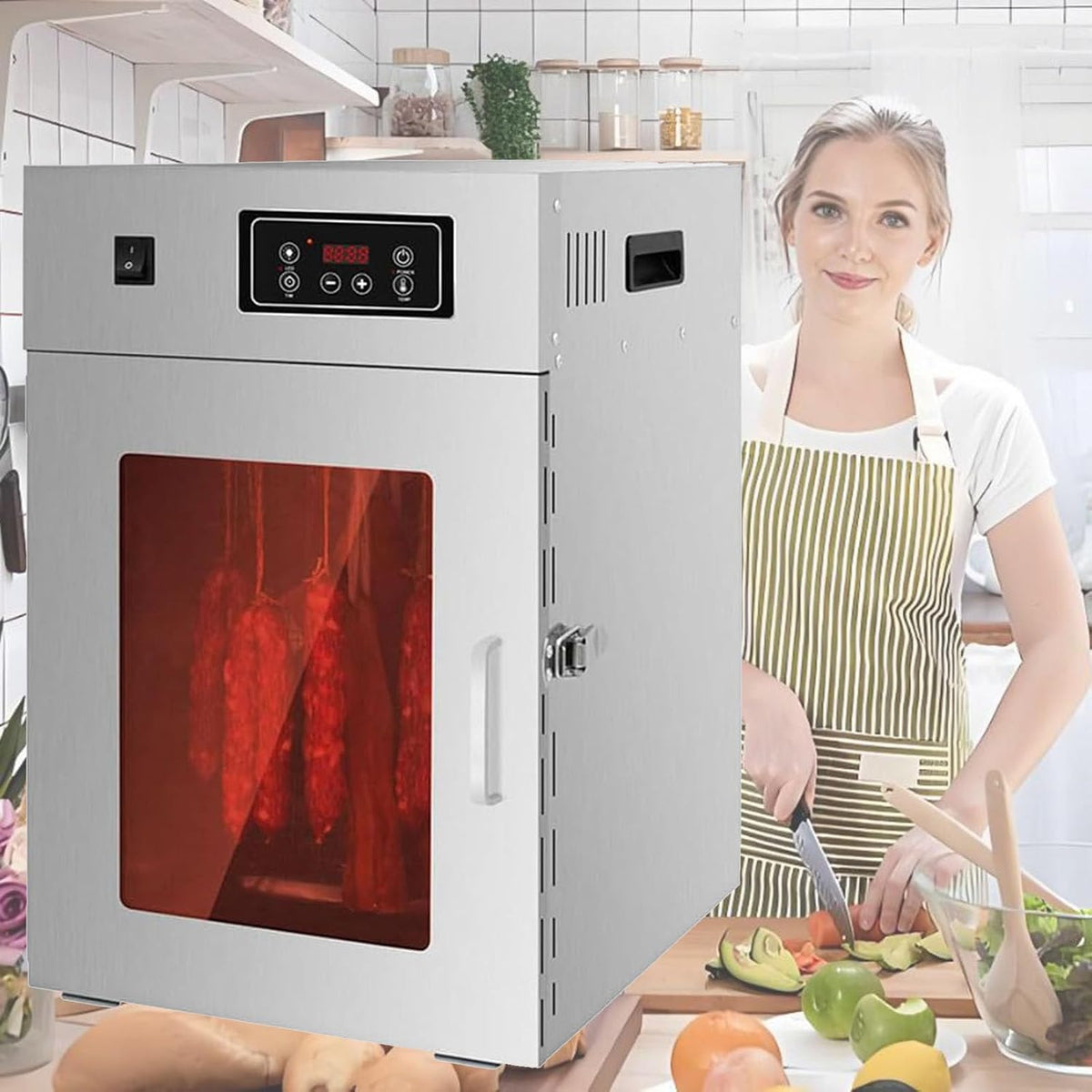 Suszarka do żywności CGLYYDS – 800 W, 12 kg, 220 V, Srebrny – stal nierdzewna, oświetlenie LED, timer, z Kontrola temperatury 30-90°C - do kiełbas