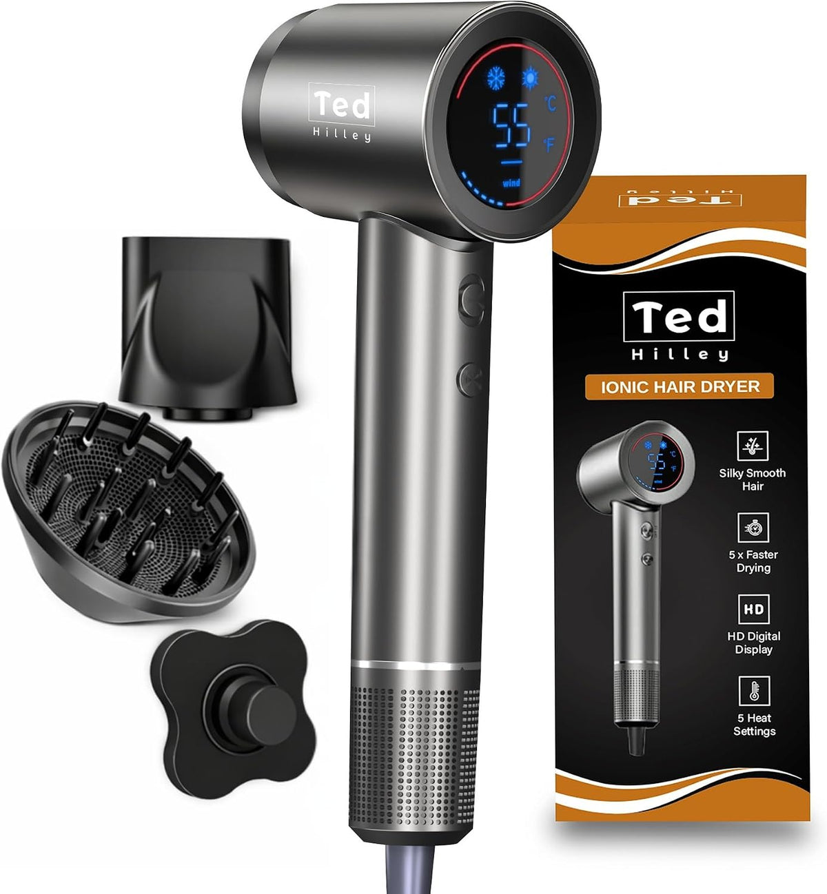 Ted Hilley Suszarka do włosów – 1600 W, Czarny, Diffuser, profesjonalny – dla Bouceaux & Koncentrator