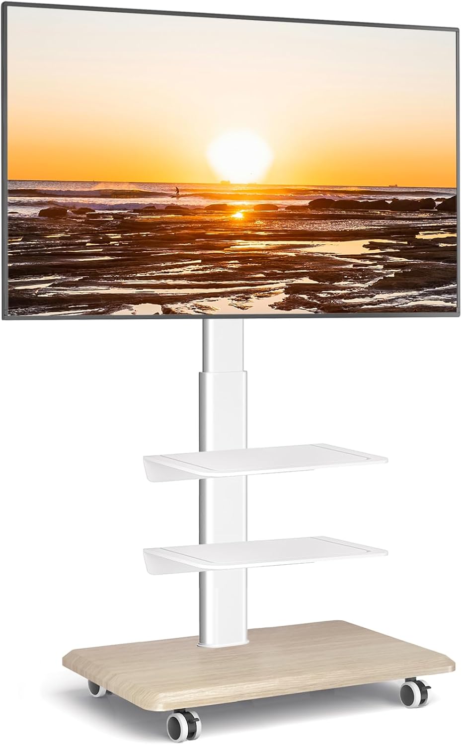 RFIVER Stojaki podłogowe, 400x400 mm, 35 kg, Biały – regulowana wysokość, oświetlenie LED, Szafa TV, 65 cali – koła ruchome, białe