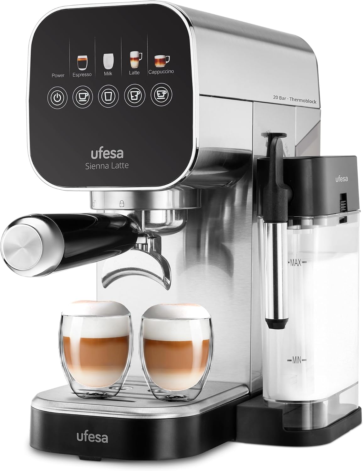Ekspres do kawy Ufesa, 400 ml, 1360 W, Czarny – metal, Model 400 ml, Espresso Sienna Latte 20 Bary z ekranem dotykowym, Zbiornik mleka 400 ml