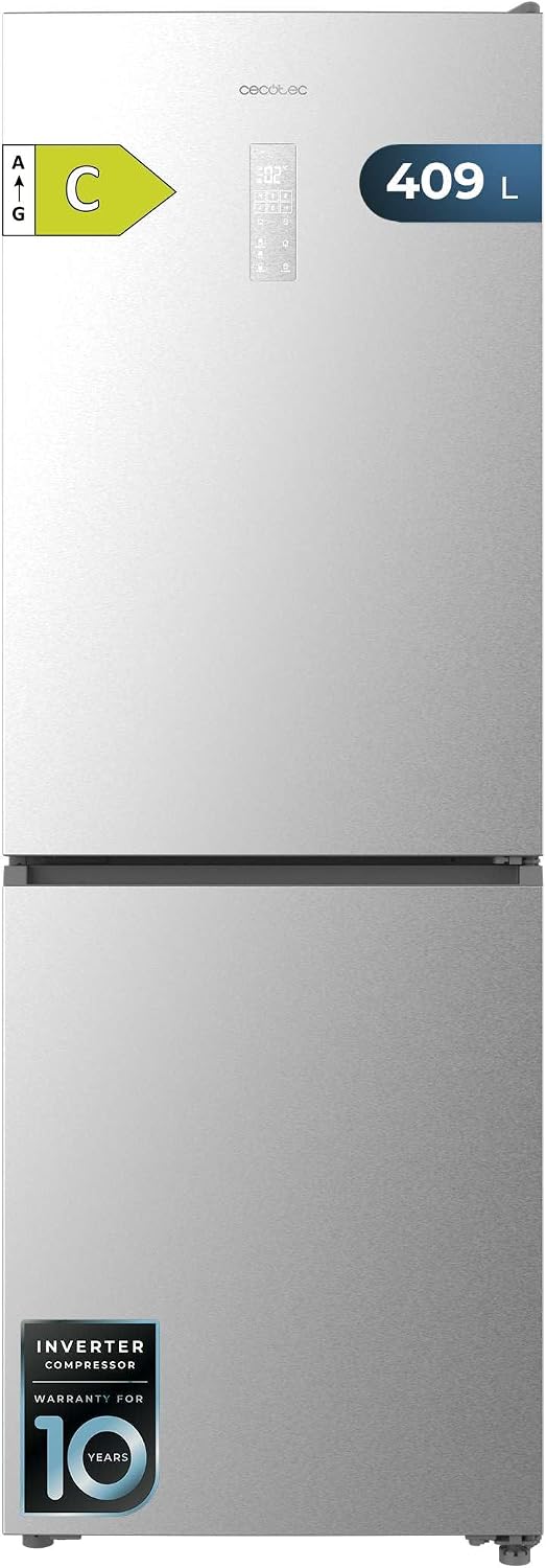 Cecotec Lodówka, 409 l, 185 x 59,5 cm – Srebrny, stal nierdzewna, No Frost, kompresor – do zabudowy, Bolero CoolMarket Combi, Inwerter