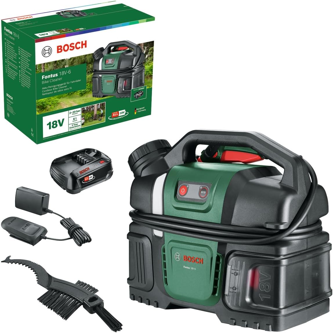 Myjka ciśnieniowa Bosch – myjka wysokociśnieniowa, V-6, 18 V, 6 l – 2.0 Ah, Szary, miejsce do przechowywania, 18 V- 6 Wysokie ciśnienie
